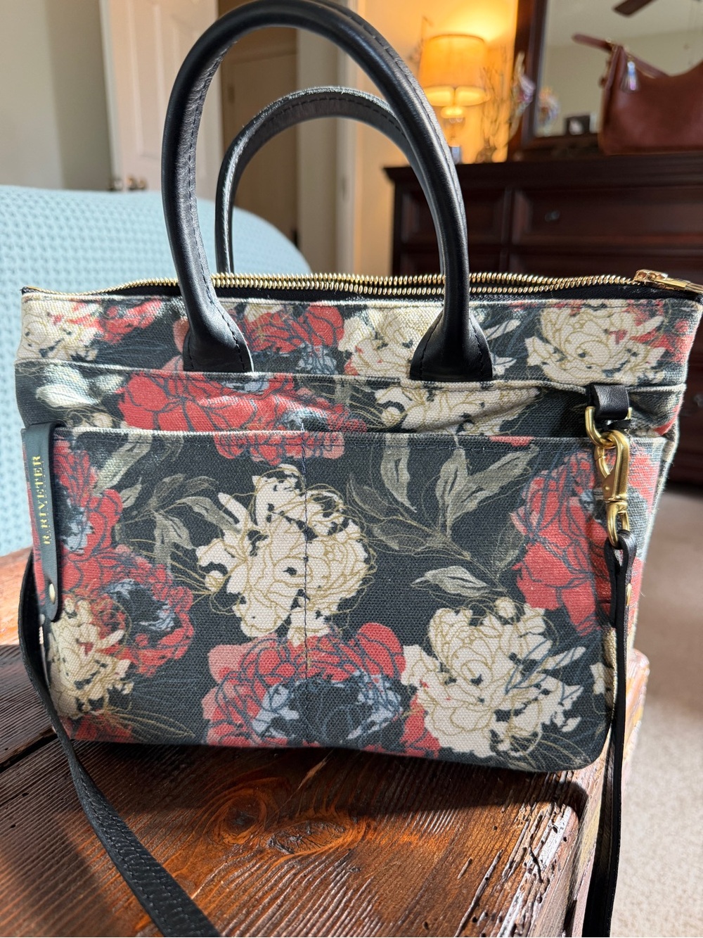 R.Riverer Floral Canvas and Leather Crossbody Satchel